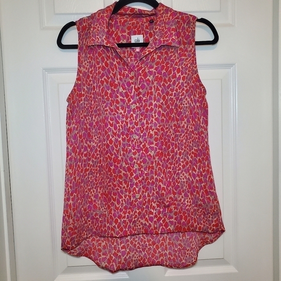 CAbi #3270 Heartbreaker Sleeveless Printed Collared Blouse Red Size XS - Picture 1 of 9